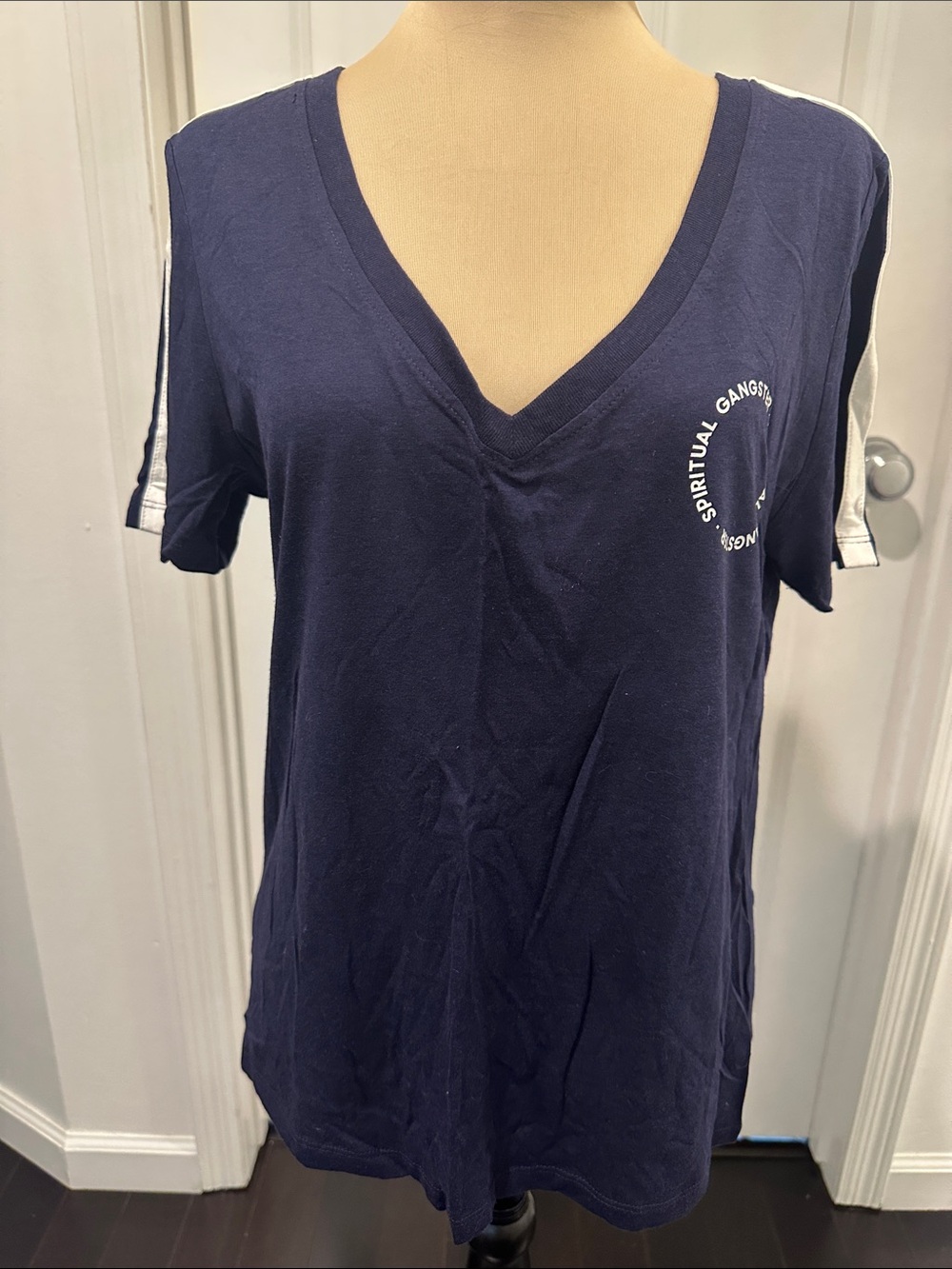 Spiritual Gangster Navy V-Neck Tee with White Stripe Detail